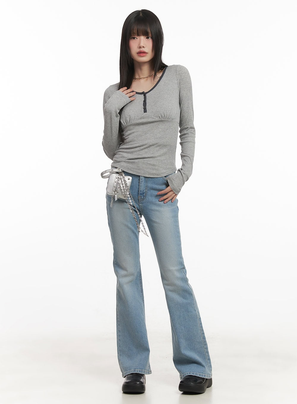 Shirred U-Neck Long-Sleeve Top CF519