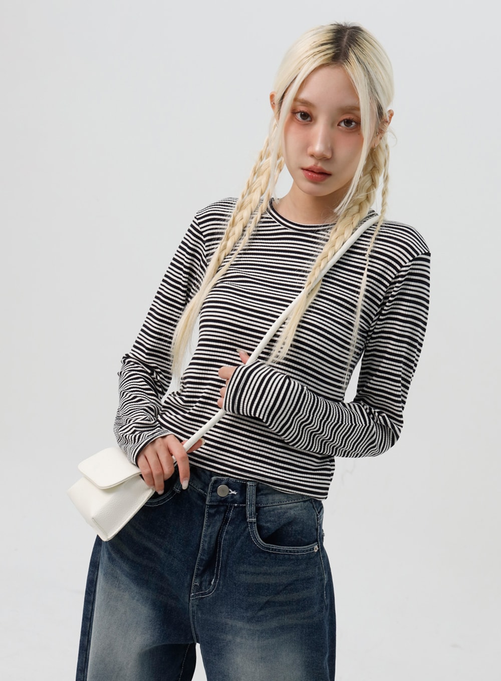 Stripe Crew Neck Long Sleeve Top IS311