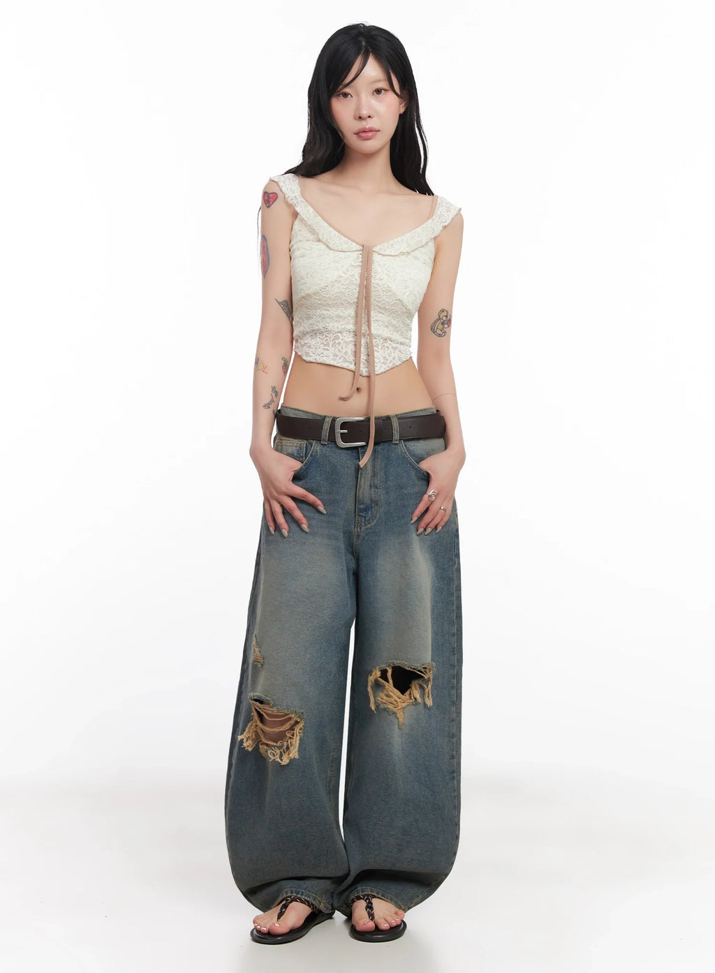Jeemin Vintage Distressed Wide-Leg Denim Jeans  IC503