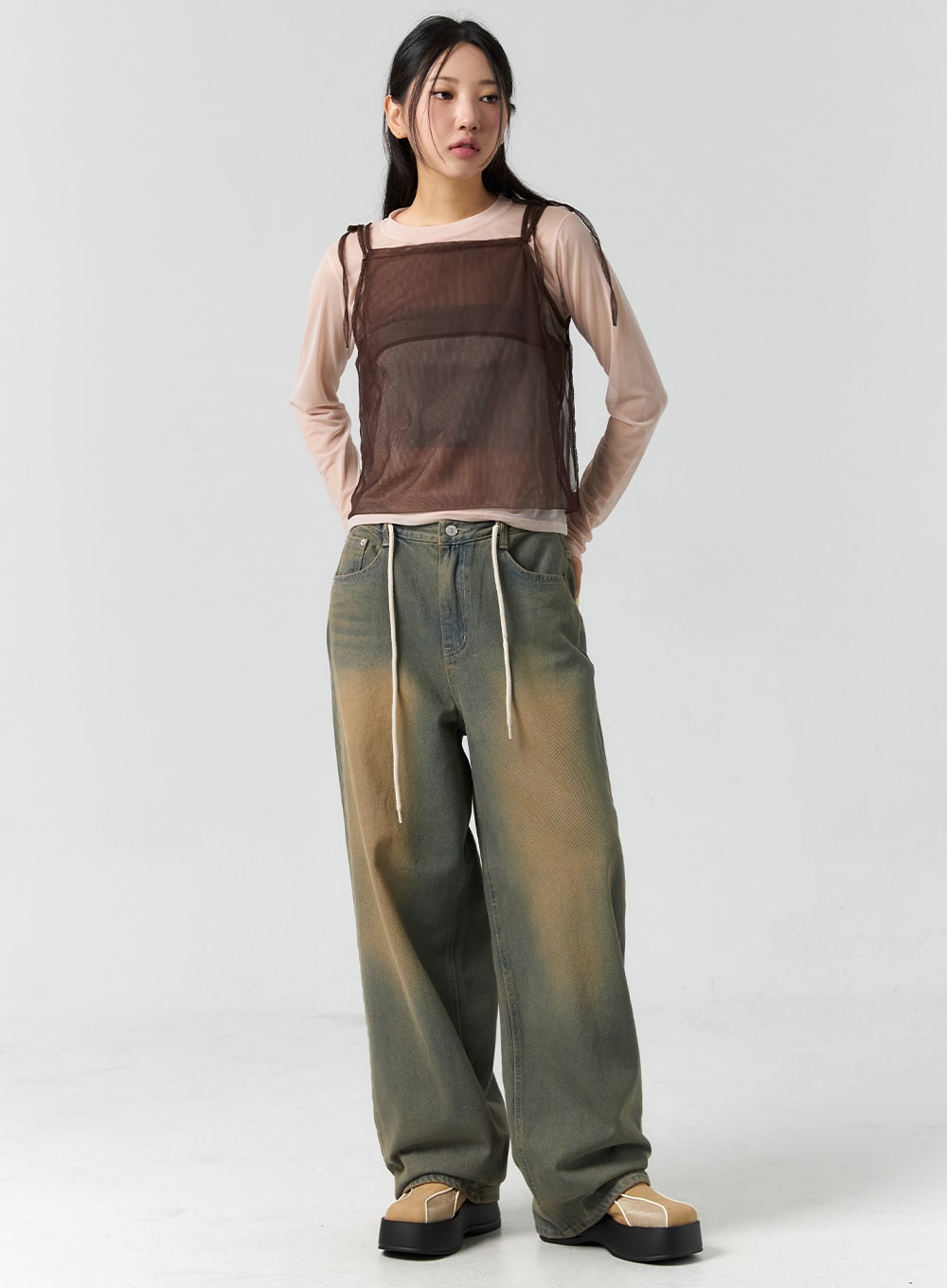 String Washed Wide Leg Jeans CS302