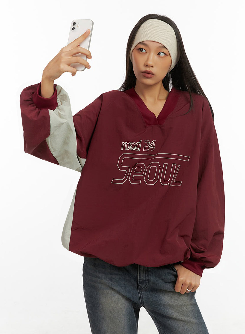 Long Sleeve Loose Fit Nylon V-Neck Sweatshirt IO409