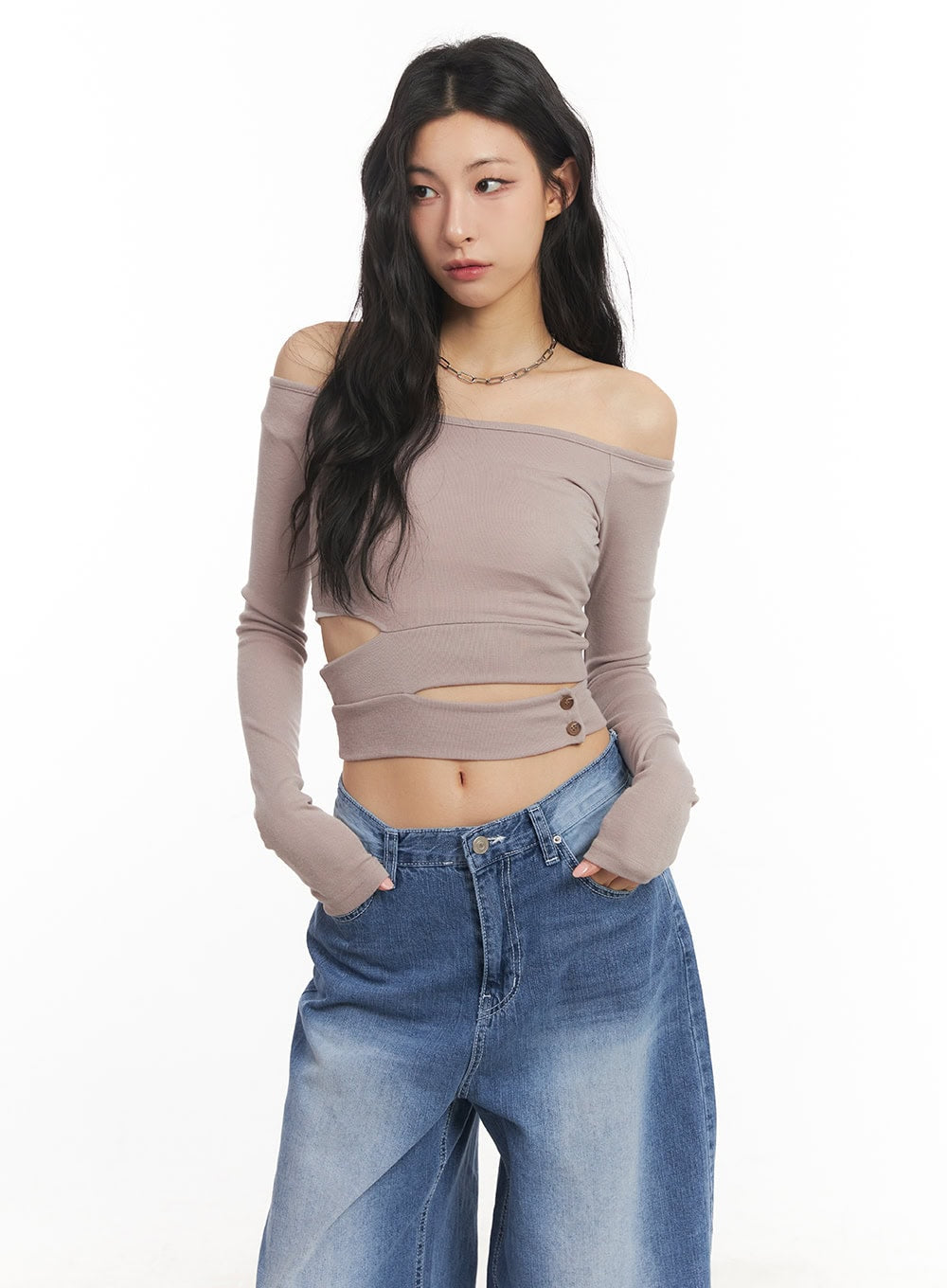 Cut-Out Off-Shoulder Long-Sleeve Crop Top CA504