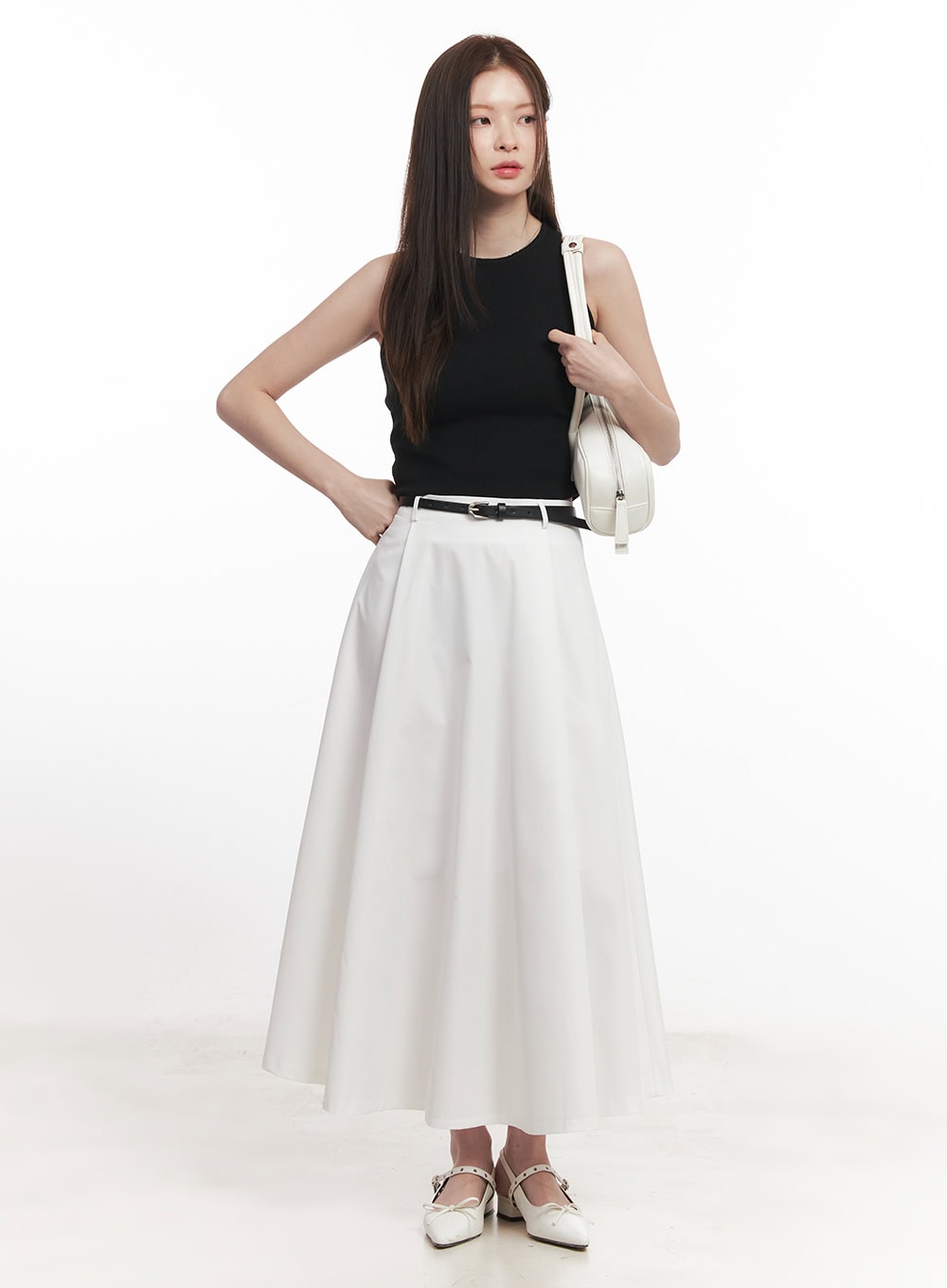 Flowy Pintuck Flare Maxi Skirt with Belt CA501