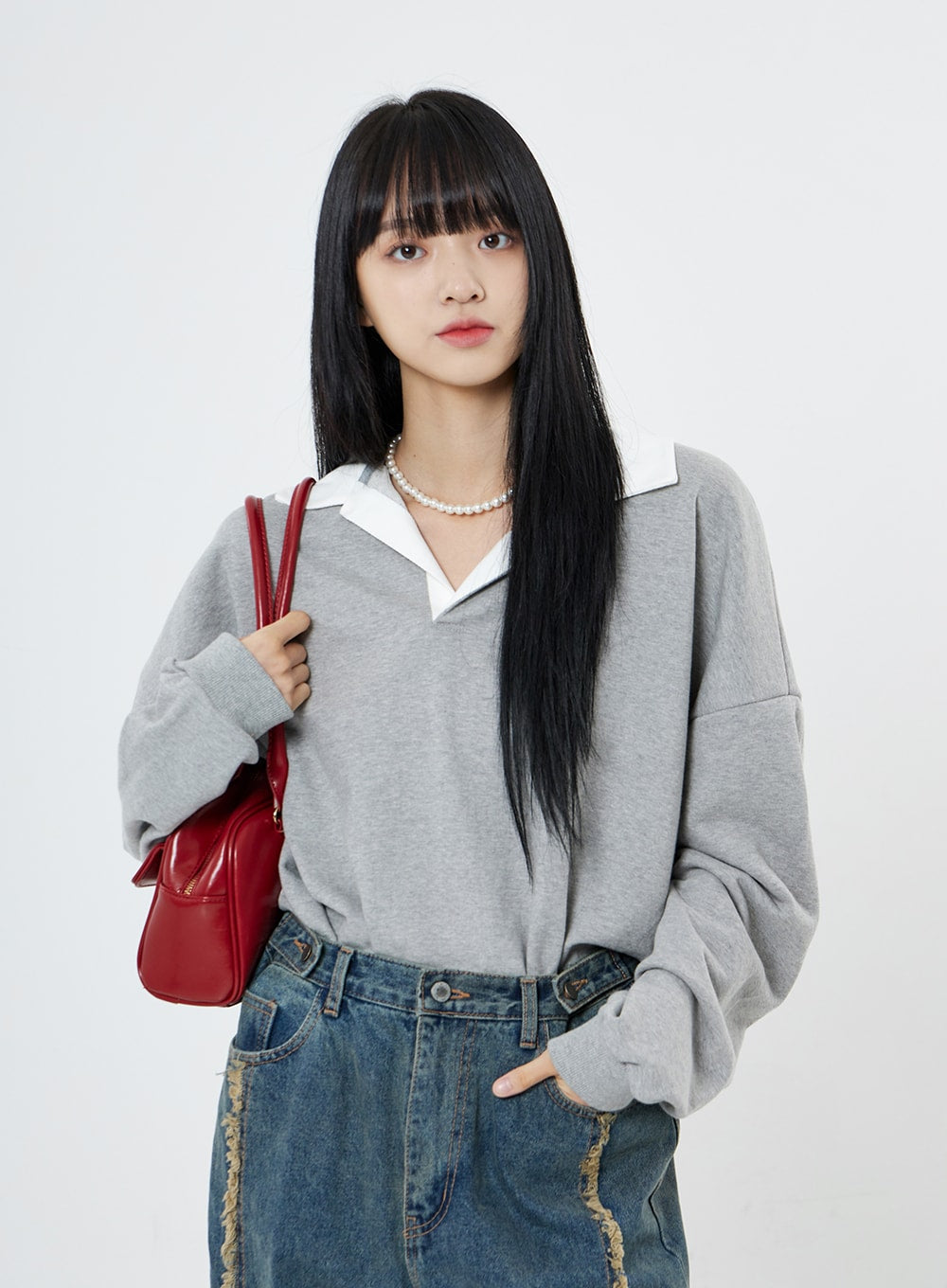 V-Neck Shirt Collar Oversize Sweatshirt OO13