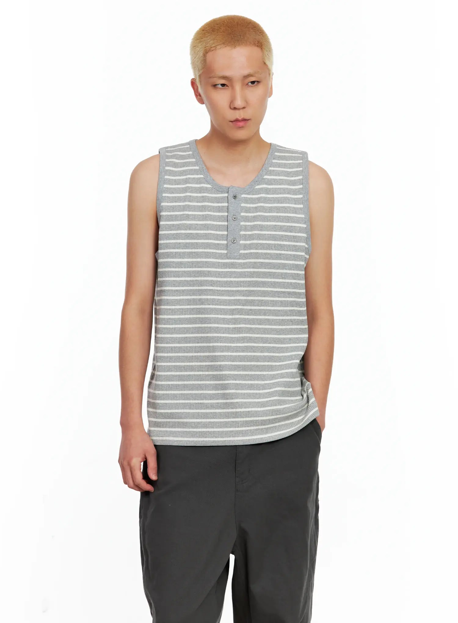 Men's Striped Henley Tank Top IL511