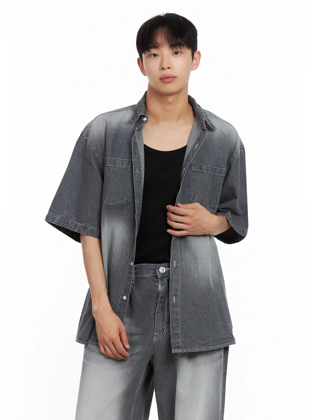 Men's Washed Denim Button-Up Top IL516