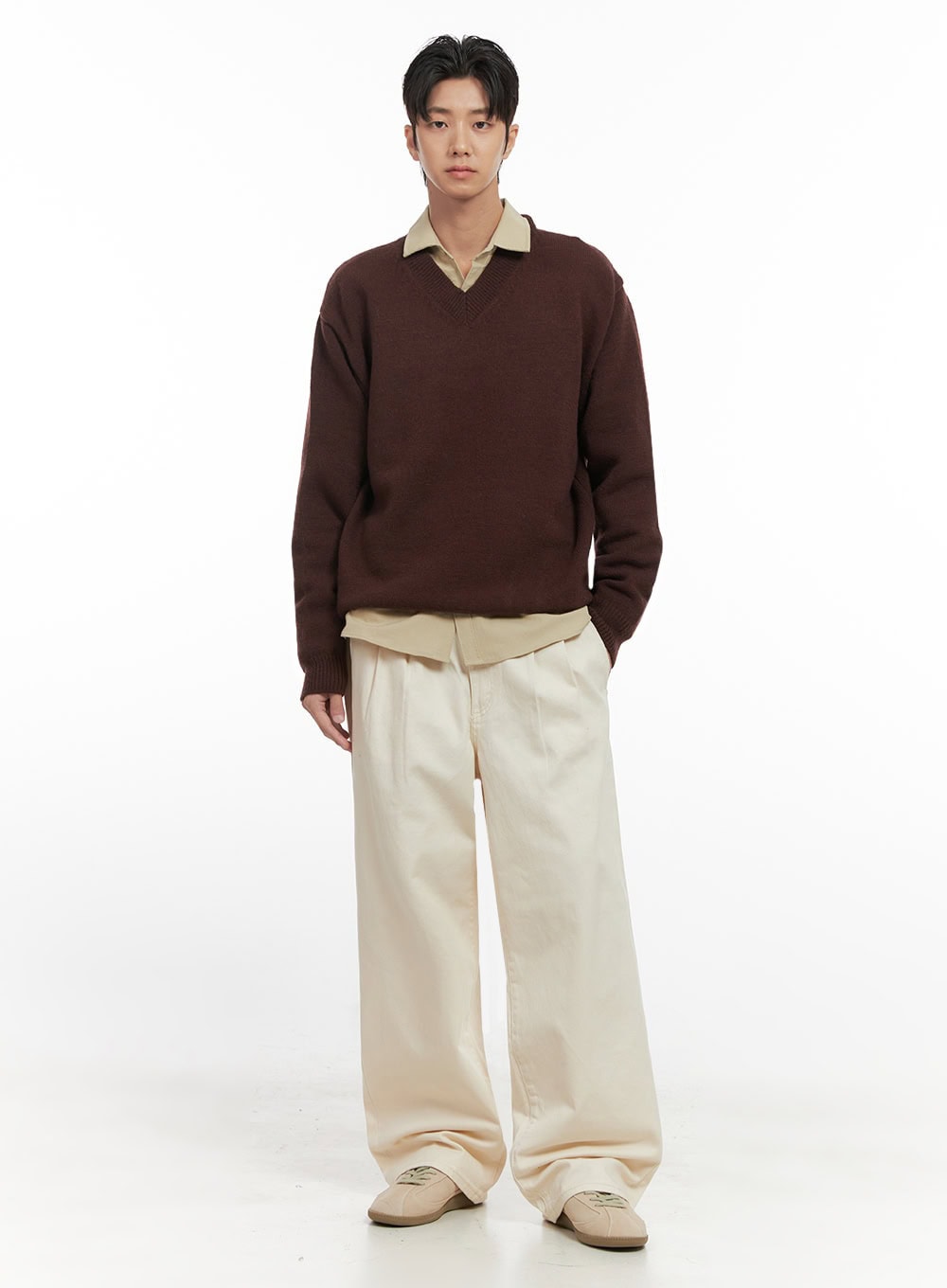 Men's Pintuck Wide Leg Cotton Pants (Light beige) ID413