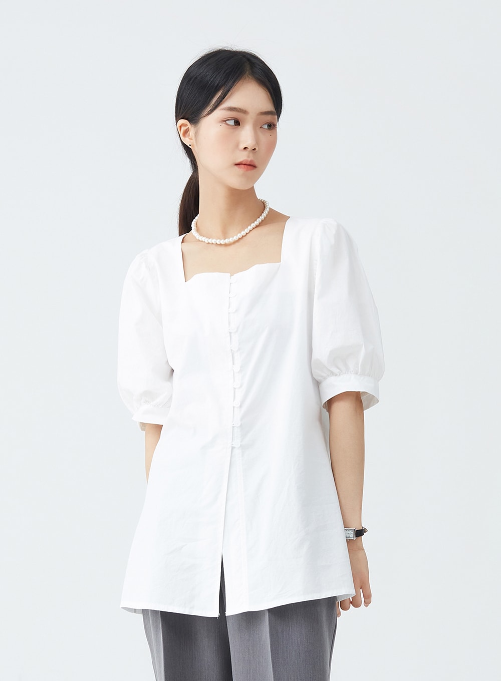 Square Neck Button-Down Slit Blouse OU19