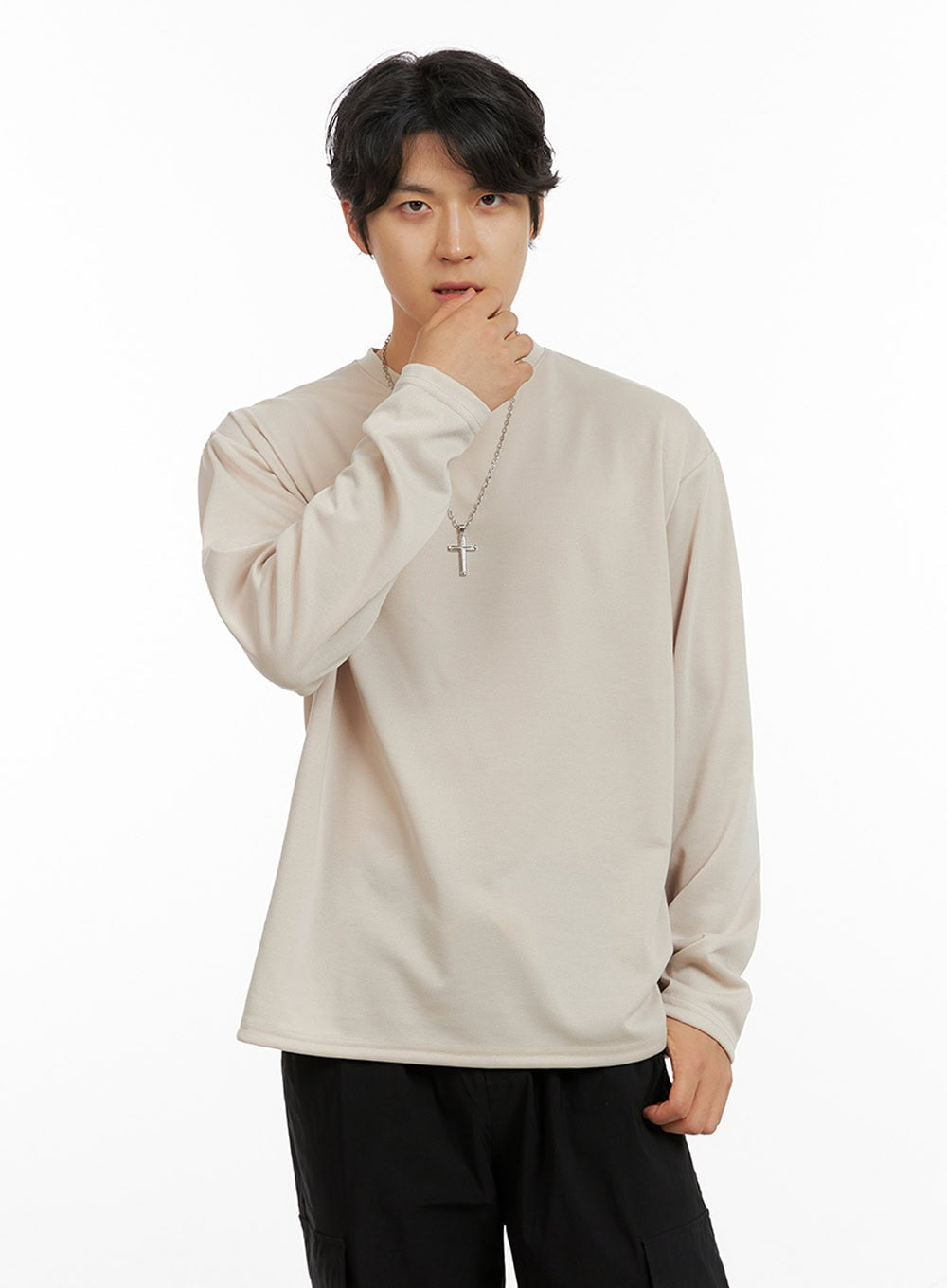 Men's Loose Round Neck Long Sleeve (Beige) IG409
