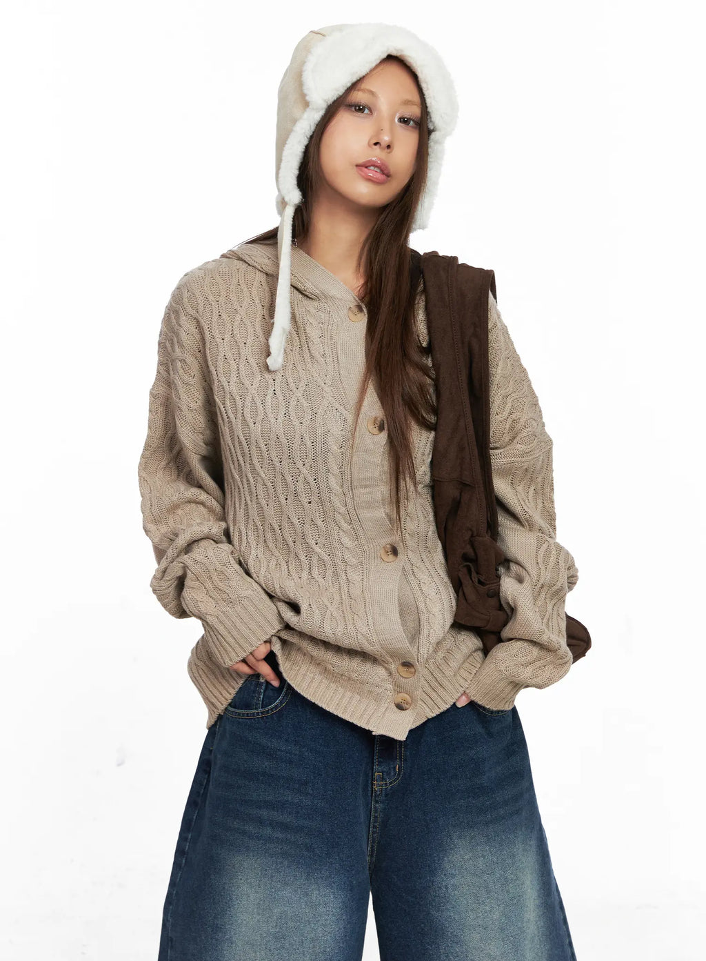 Oversized Cable Knit Button-Up Hoodie CO510