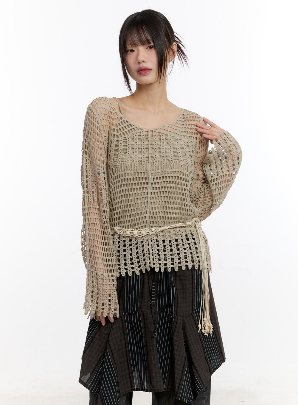 Mesh Knit Sweater with Belt and Tank Top CA508