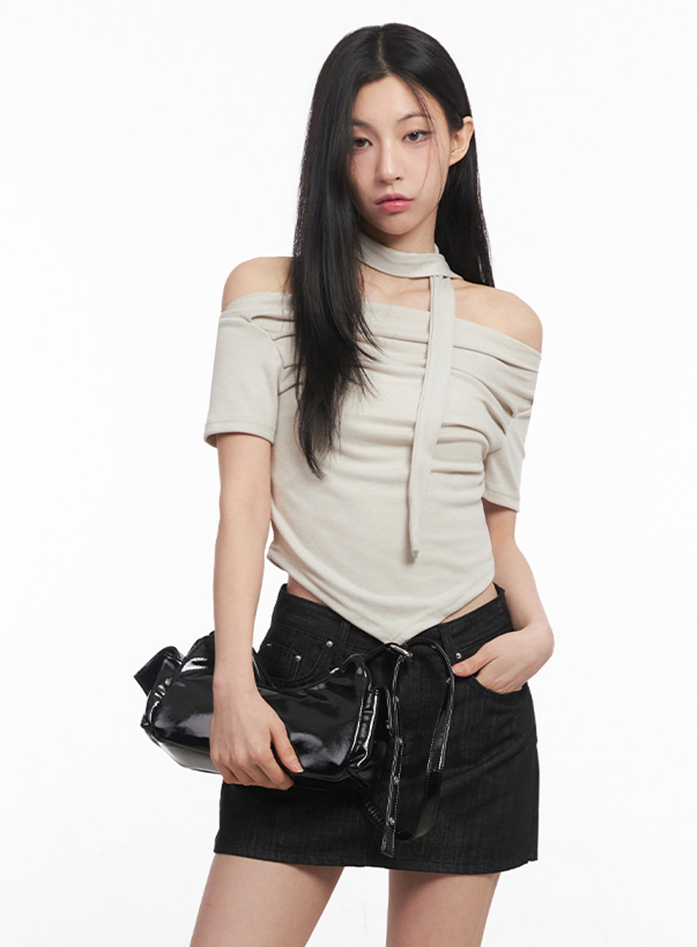 Off-Shoulder Crop Tee & Scarf Set IY516