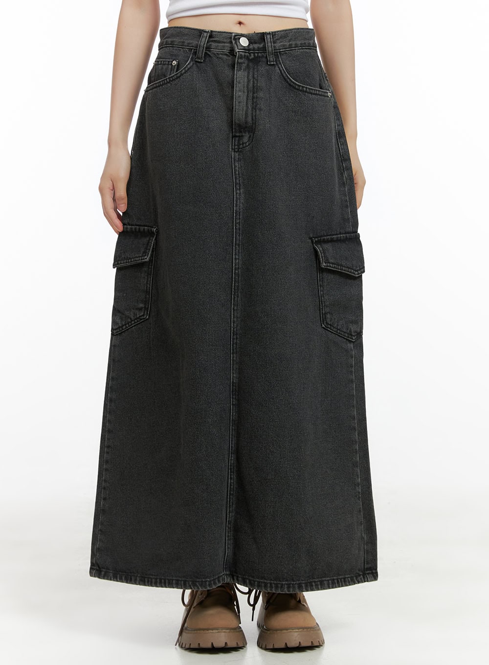 Denim Cargo Pocket Washed Maxi Skirt CG426