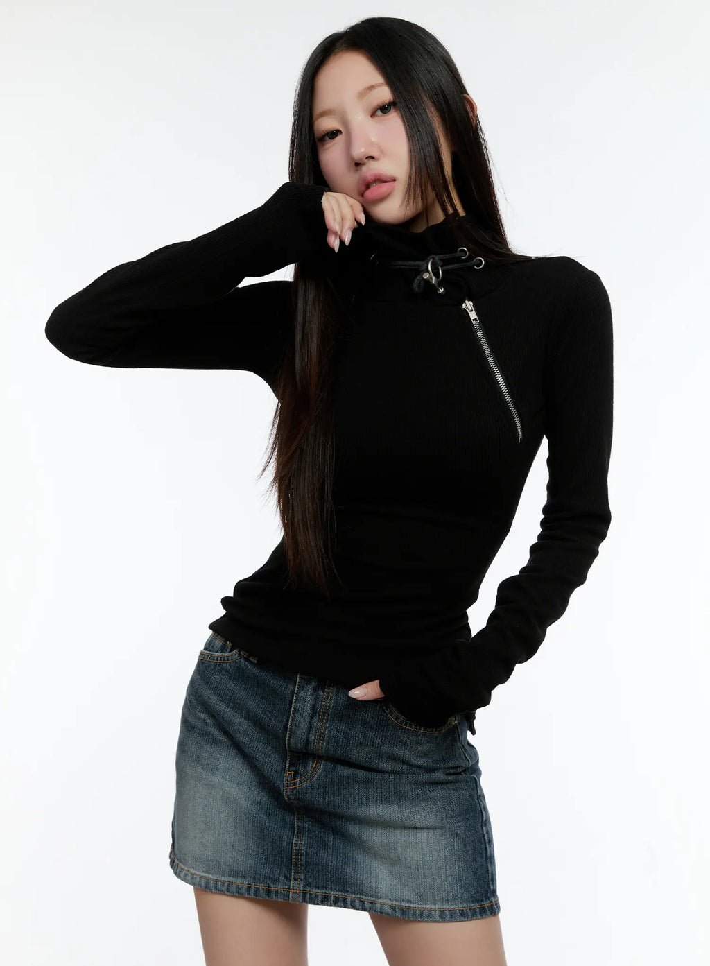 Zipper Detail Rib Knit Long Sleeve CS517
