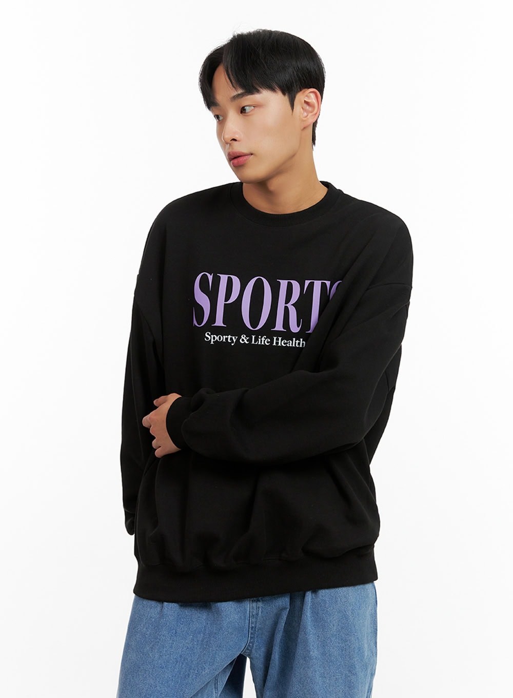 Men's Graphic Lettering Crewneck Sweatshirt (Black) IU412