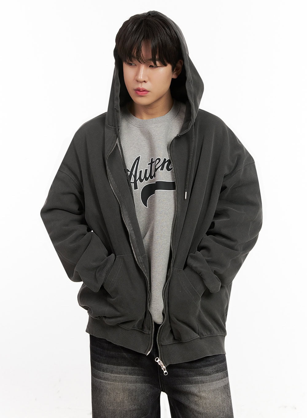 Men's Oversized Washed Zip-Up Hoodie IJ517