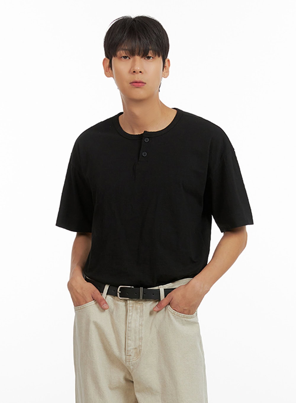 Men's Cotton Round Neck Button T-Shirt (Black) IU419