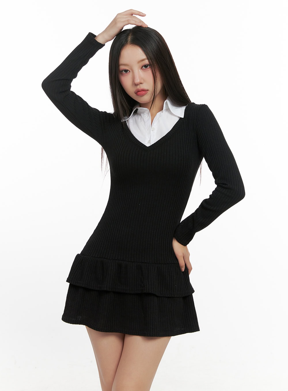 Solid Print Flare Collar Dress CN415