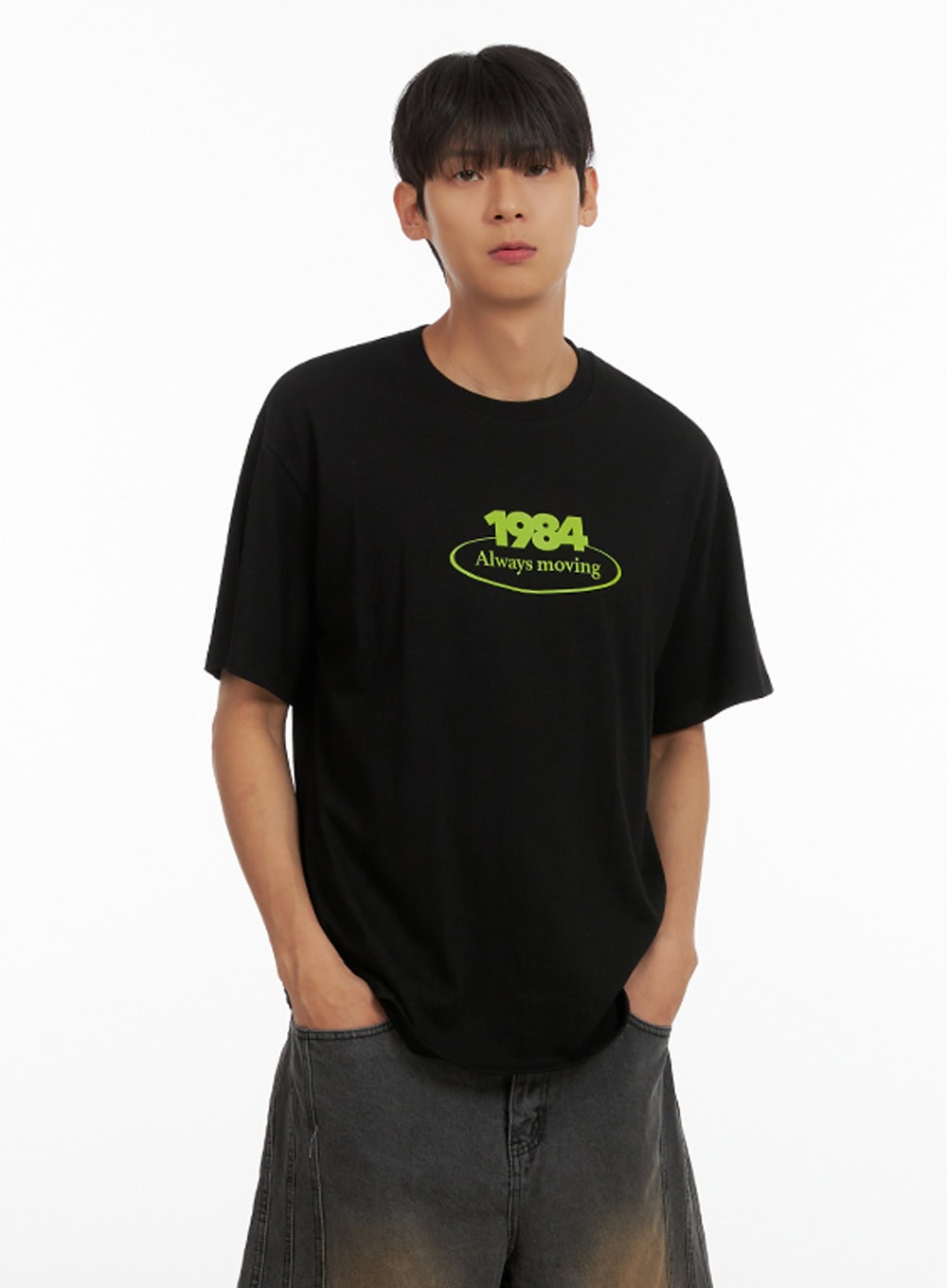 Men's Lettering Round Neck T-Shirt (Black) IU419