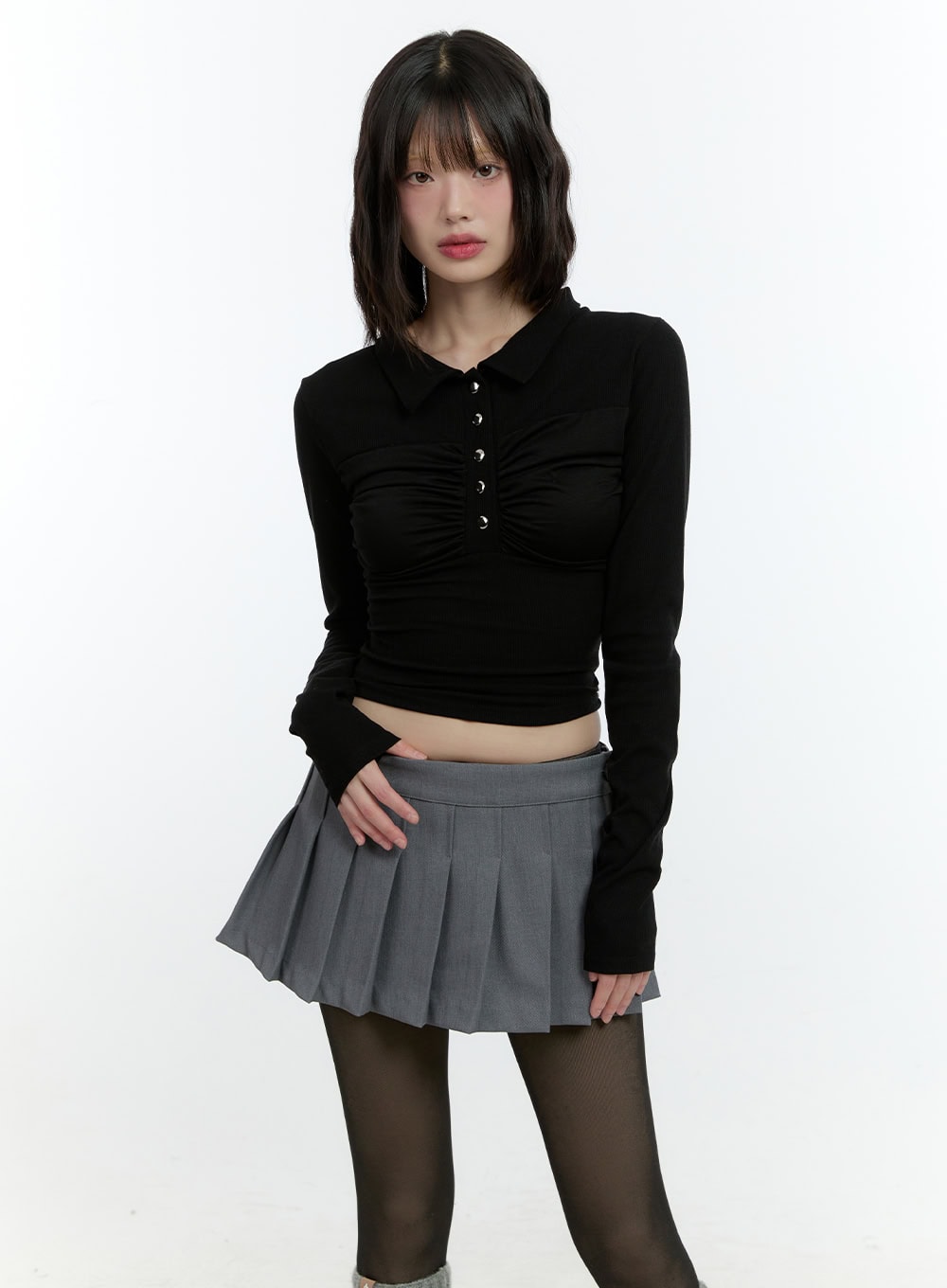 Shirring Long-Sleeve Collared Crop Top CF507