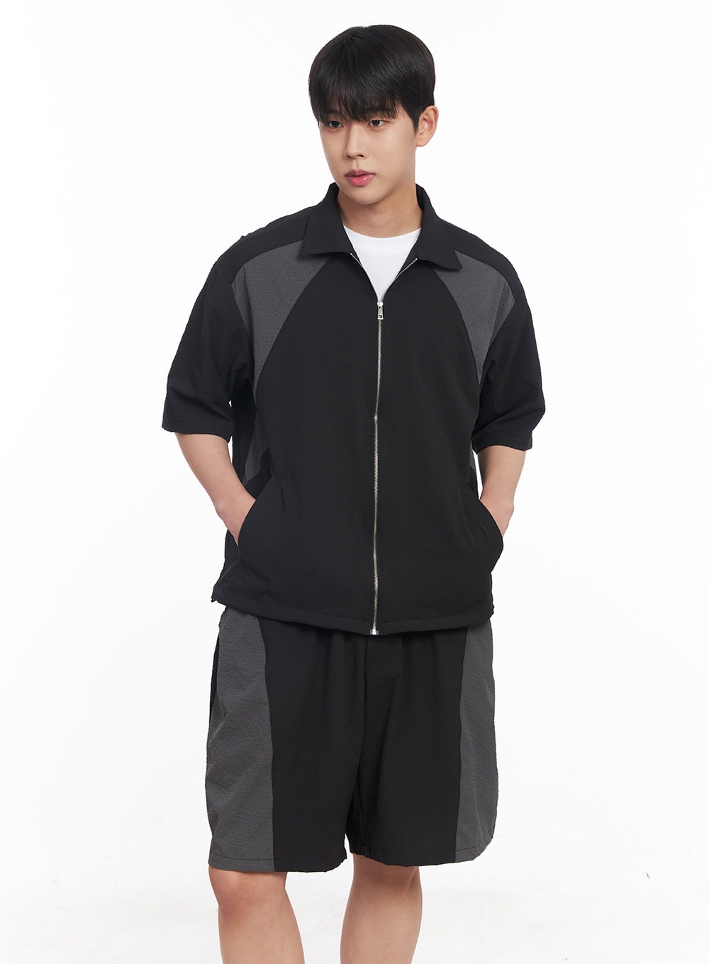 Men's Zip-Up Collared Half-Sleeve Shirt IY520