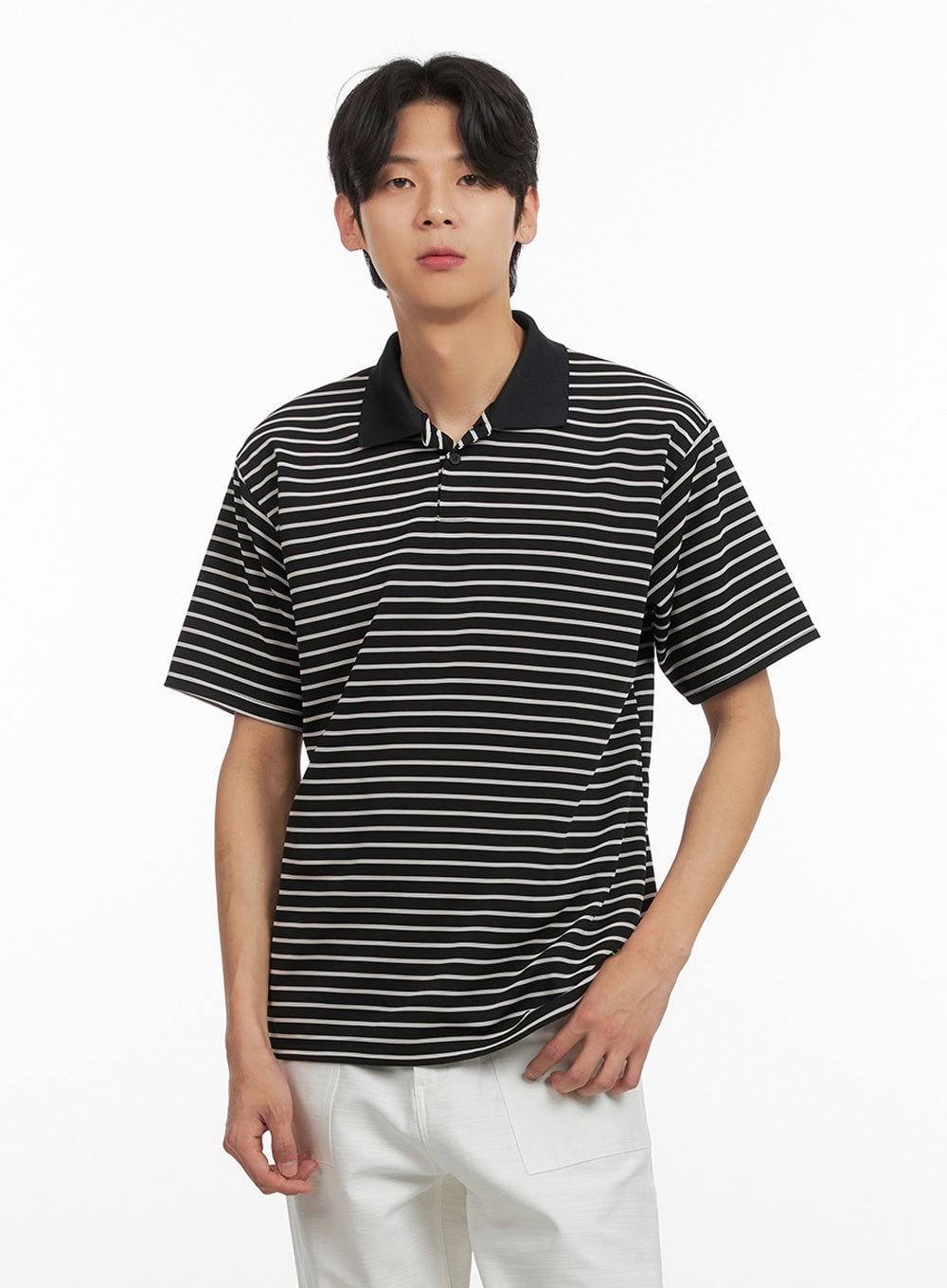Men's Striped Collar T-Shirt (Black) IY431