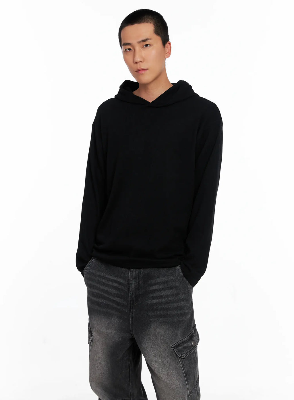 Men's Ribbed Layered Hooded Long Sleeve Tee IS509