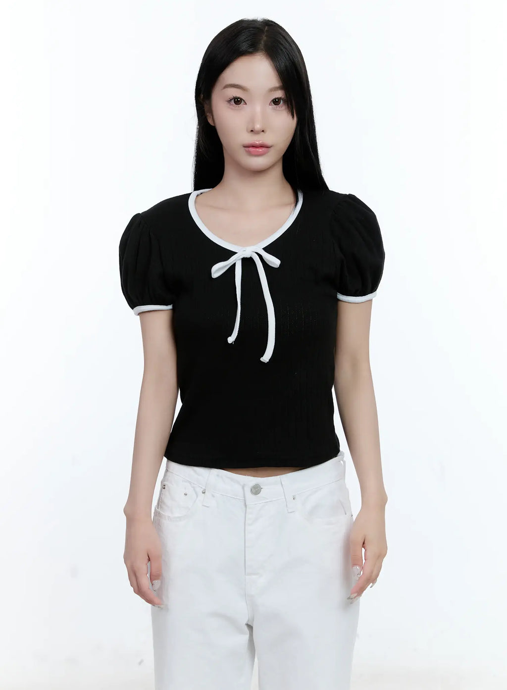 Puff-Sleeve Ribbon-Tie Top CL530