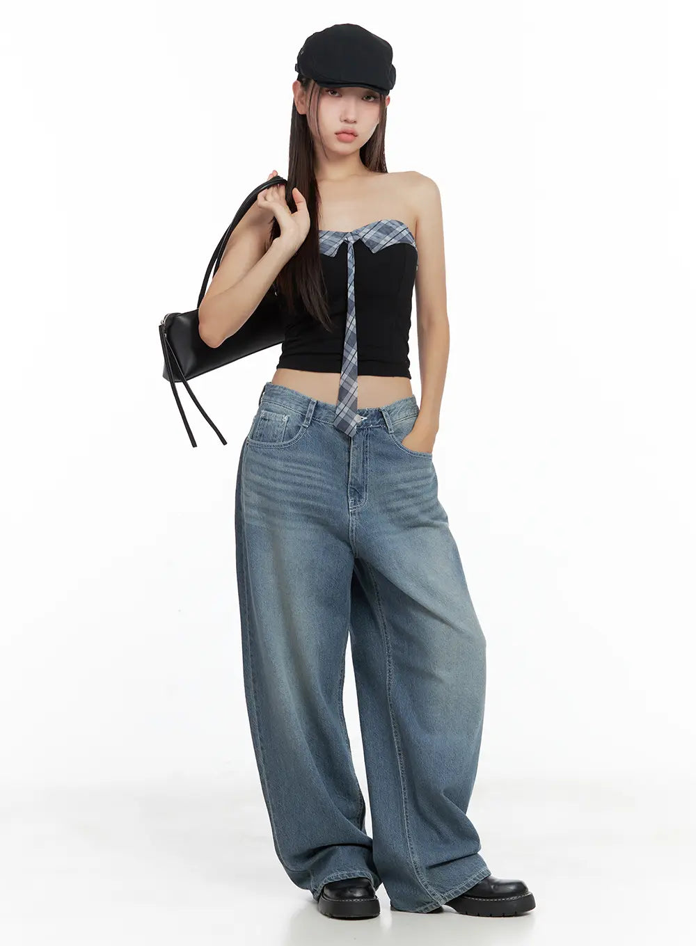 Contrast Plaid-Tie Tube Top CL508