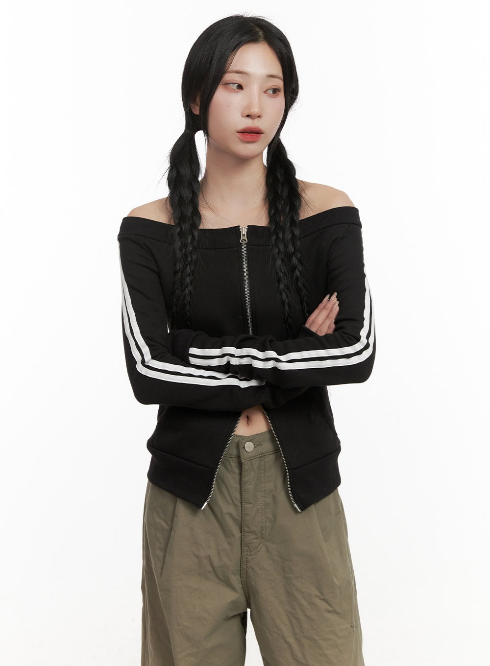 Off Shoulder Zip-Up Long Sleeve Top CD410