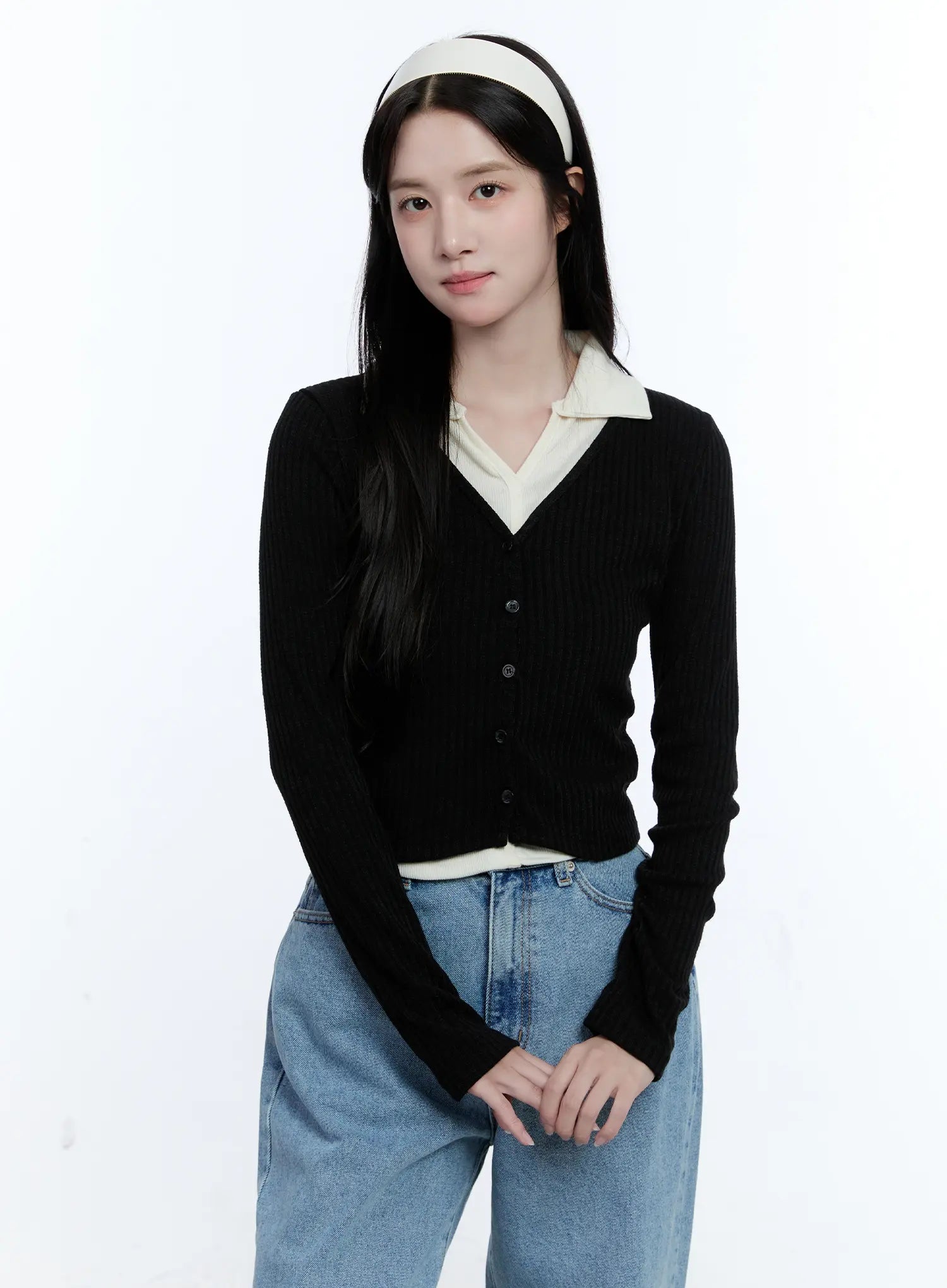 Two-Tone Collared Knit Cardigan CG514