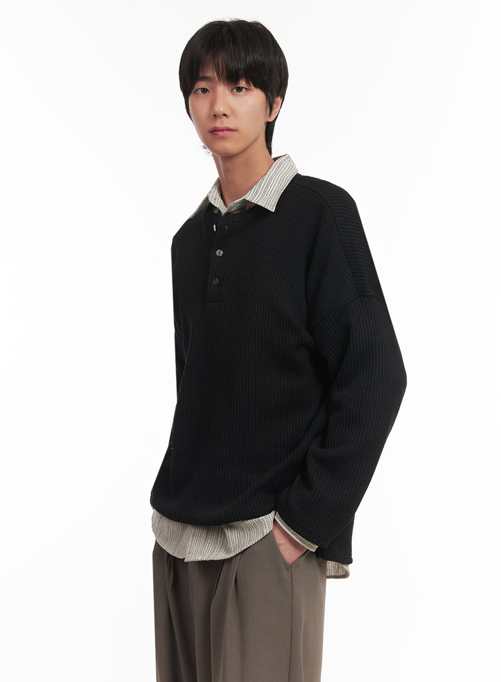 Men's Ribbed Buttoned Long-Sleeve Shirt IA510