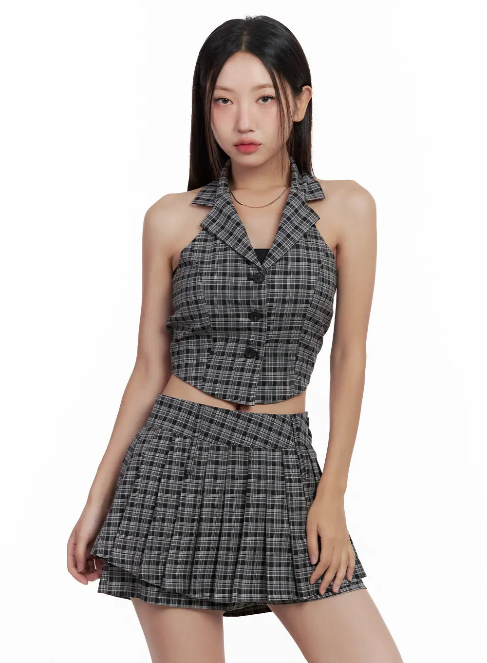 Plaid Button Halter Tank CL508