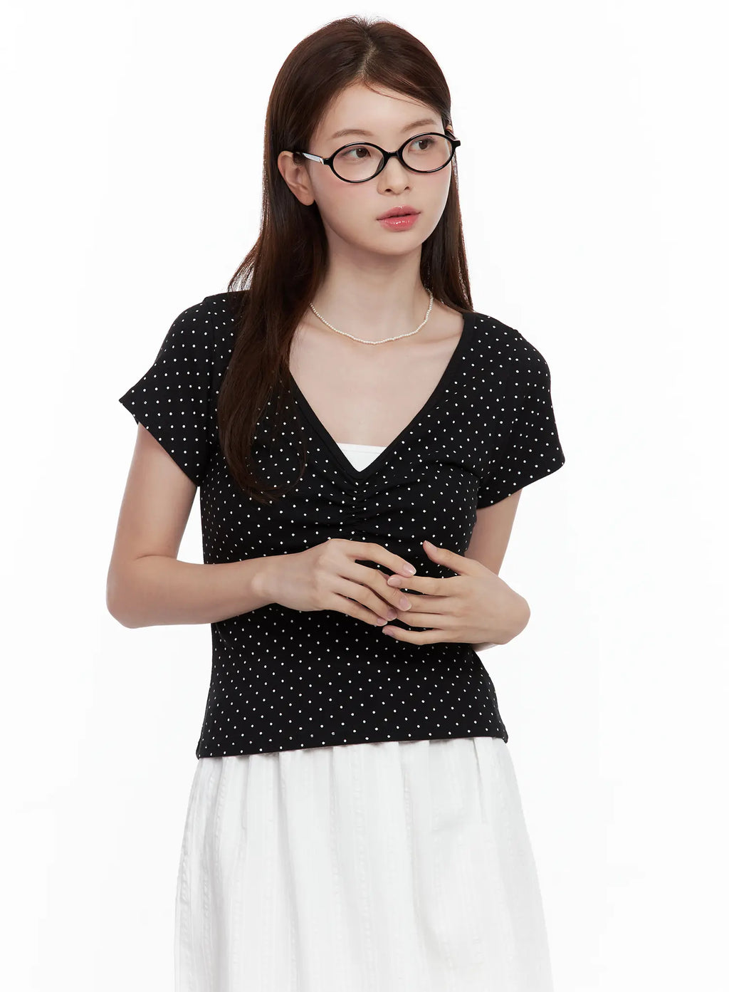Polka Dot Shirred V-Neck Top CL502