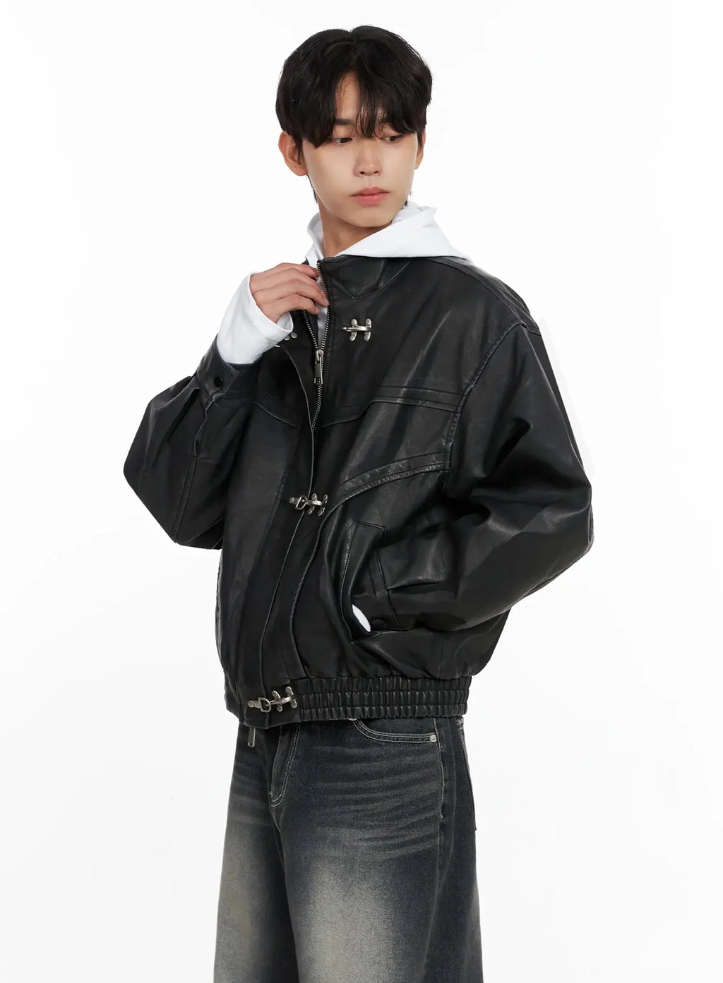 Men's Faux Leather Toggle Buckle Jacket IO517