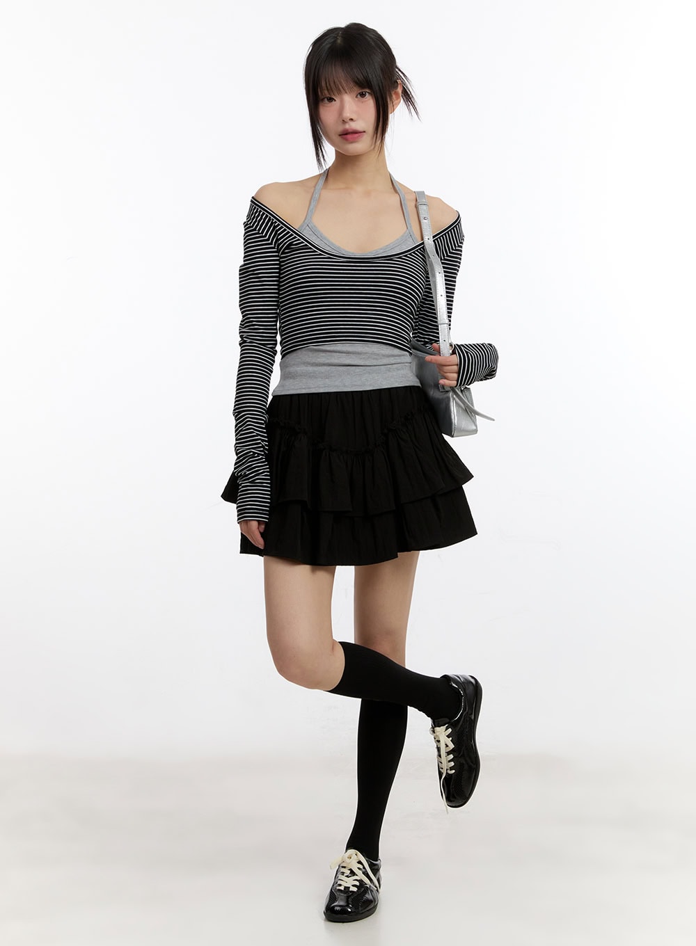 Stripe Long-Sleeve Crop Top with Tank Top CA508