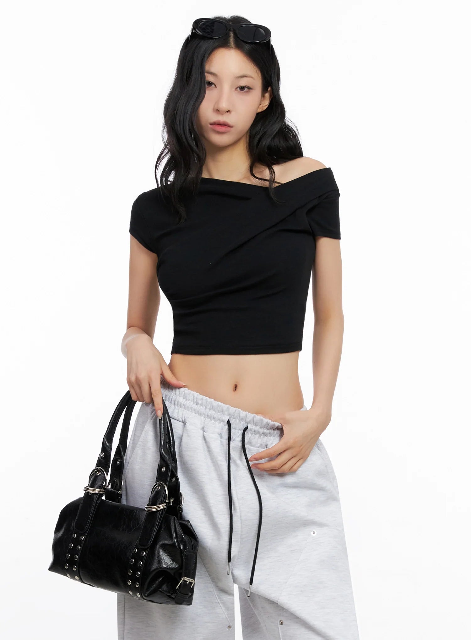 Asymmetric Shirred Off-Shoulder Crop Tee IG508