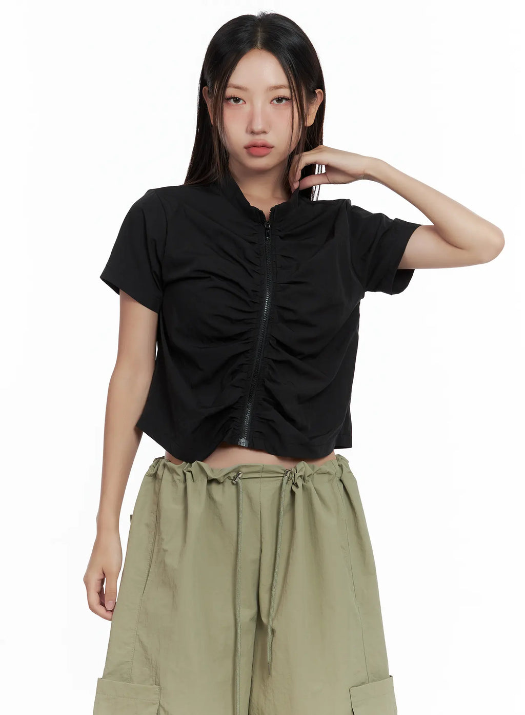 Shirred Zip Nylon Short-Sleeve Jacket CL509