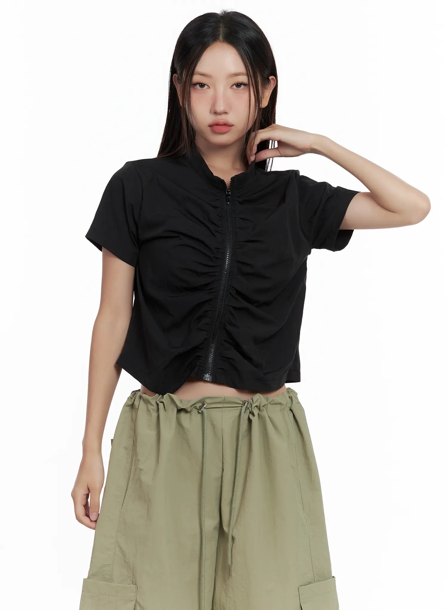 Shirred Zip Nylon Short-Sleeve Jacket CL509