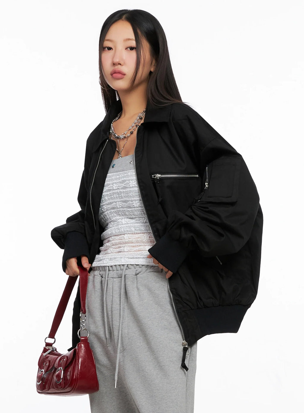 Oversized Zipper Bomber Jacket IG528