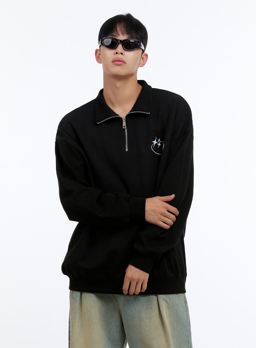 Men's Classic Cotton Half-Zip Graphic Hoodie (Black) IS413
