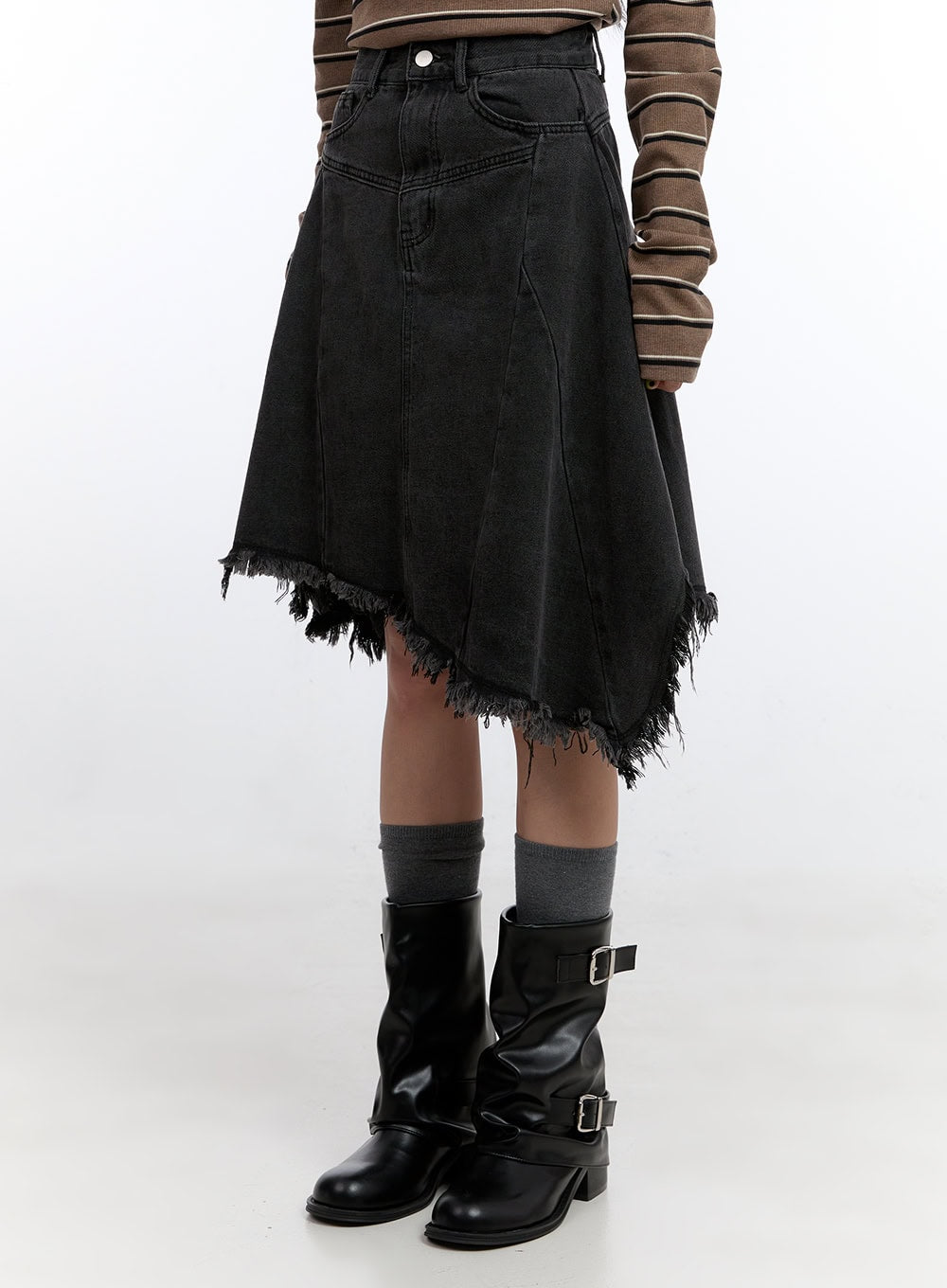 Unbalanced Washed Denim Midi Skirt CN401