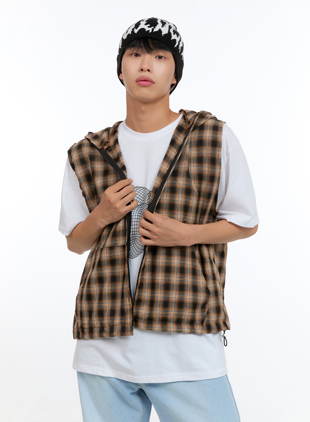Men's Checkered Zip-Up Hooded Vest IG416