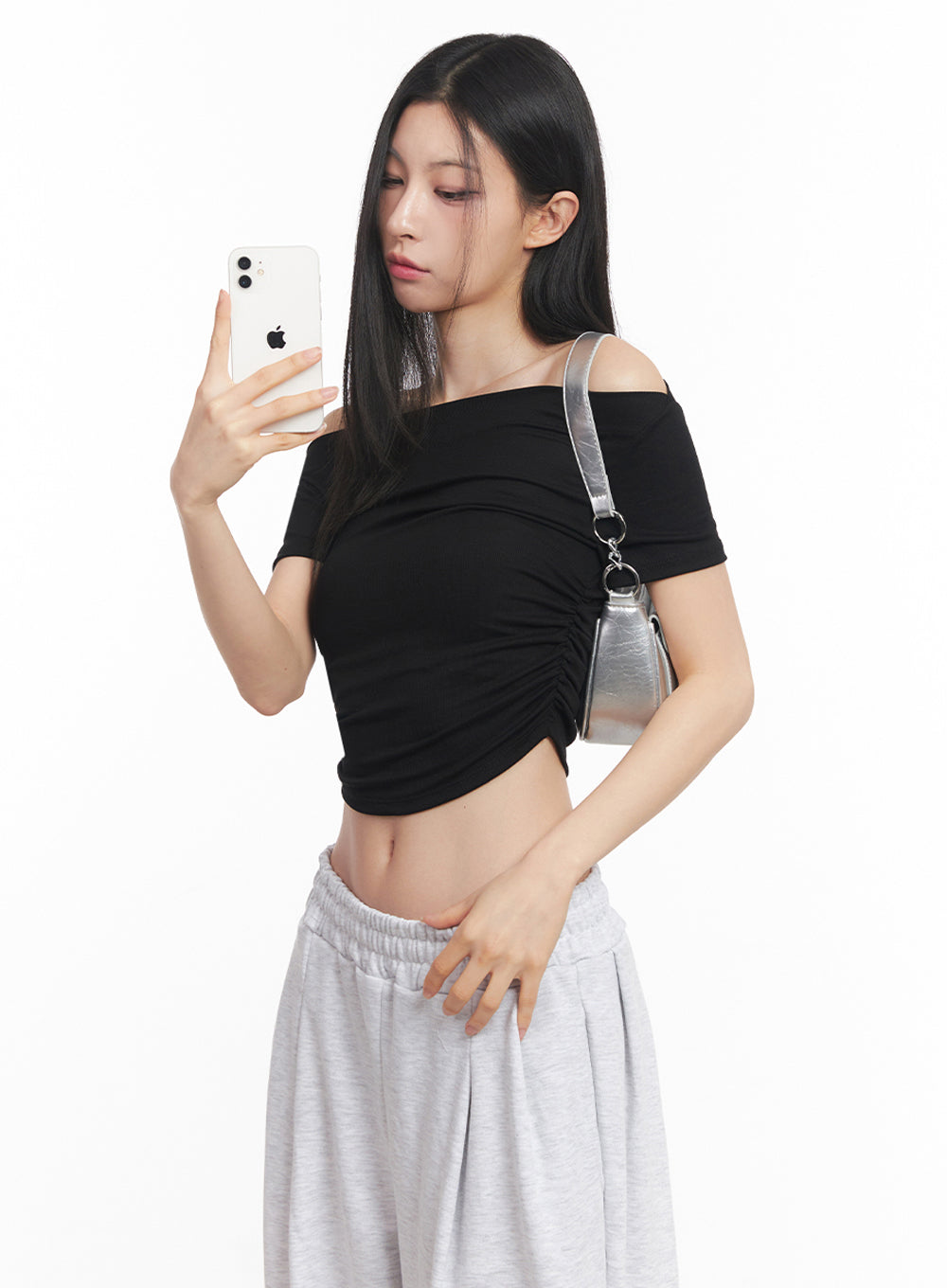 Off-Shoulder Shirred Crop Tee IY516