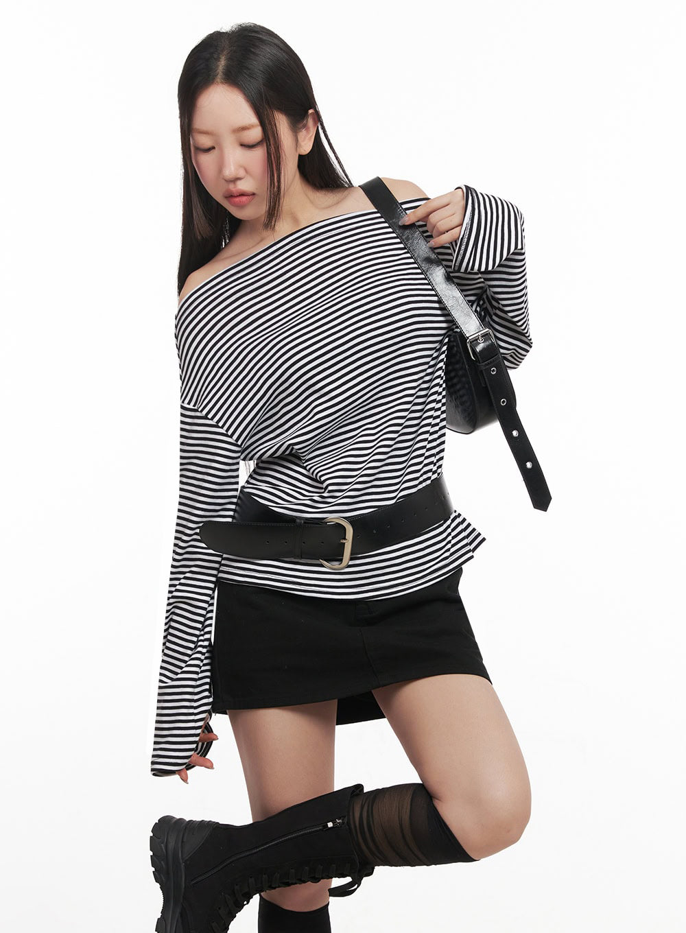 Stripe Long-Sleeve Off-Shoulder Top IM524