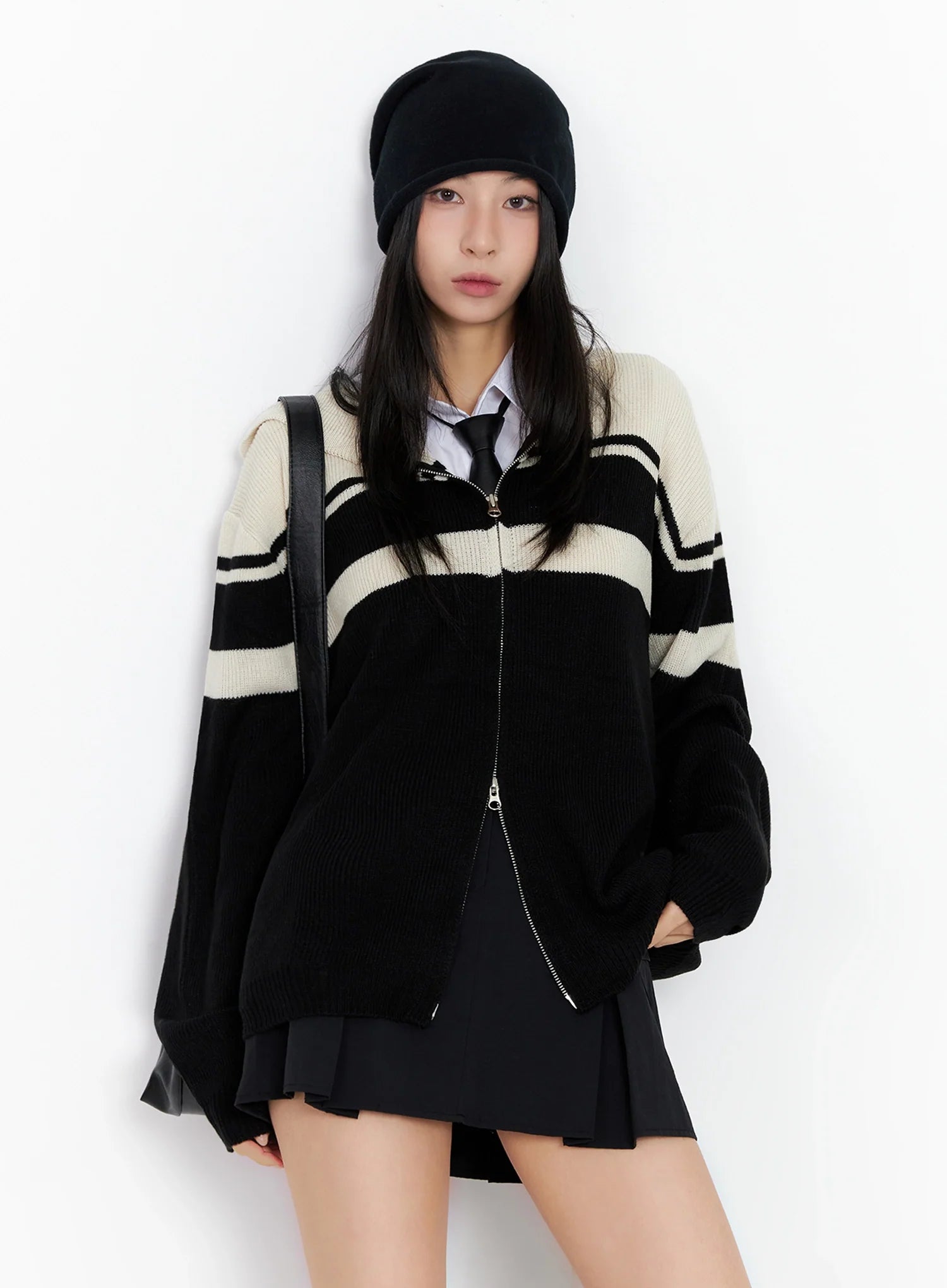 Striped Oversized Zip-Up Knit Hoodie IG508