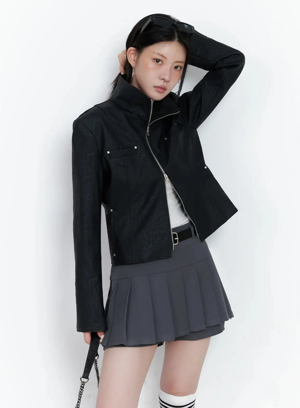 High Neck Zip Up Faux Leather Jacket IS508