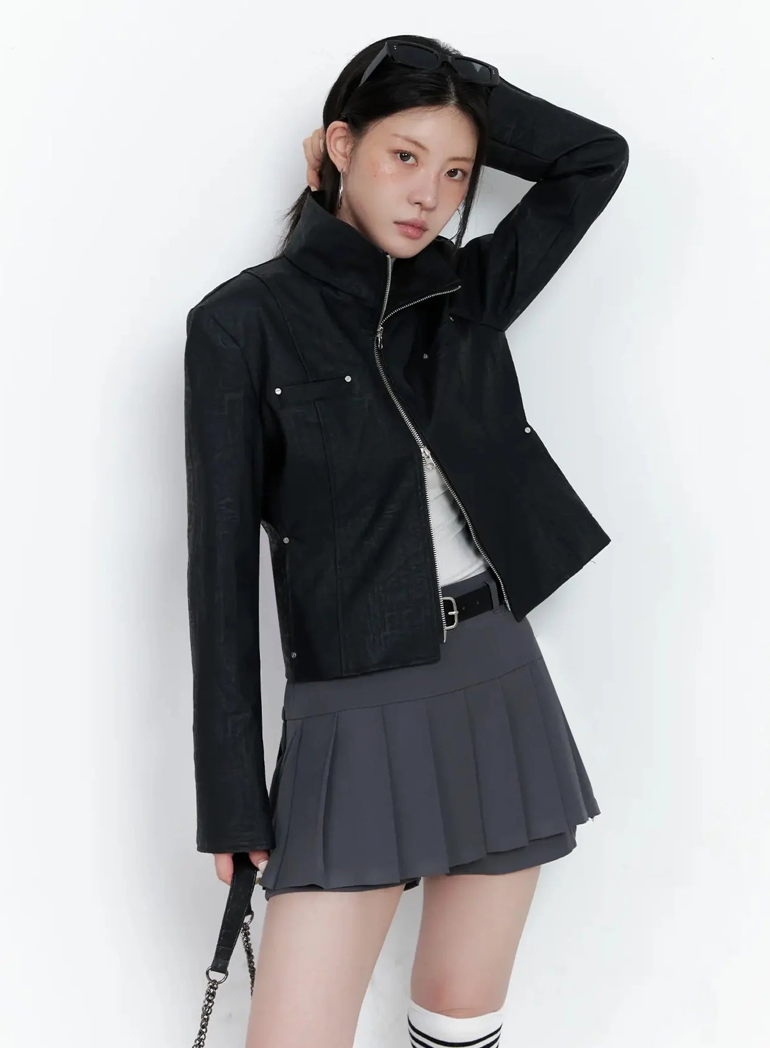 High Neck Zip Up Faux Leather Jacket IS508