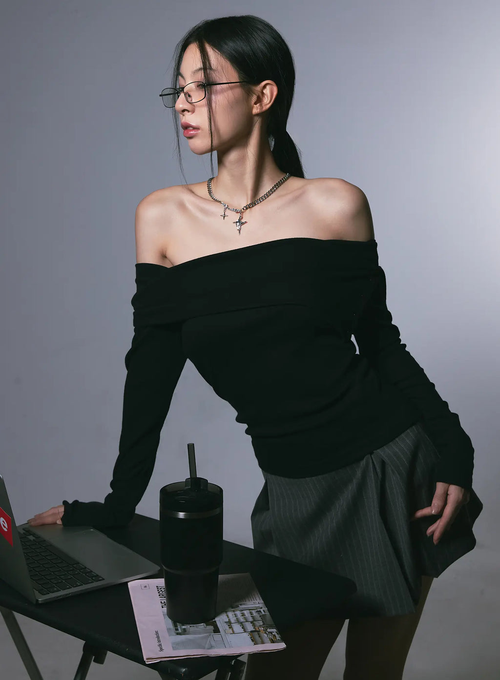 Buttoned Off-Shoulder Long Sleeve Top CG525