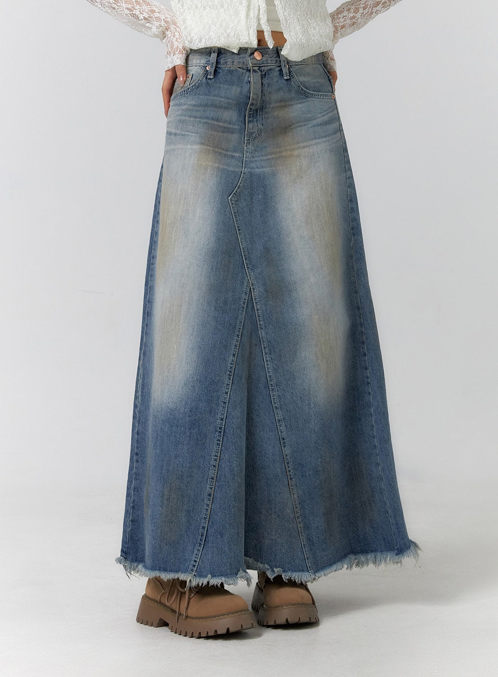 Vintage Washed Raw Hem Maxi Skirt CF405